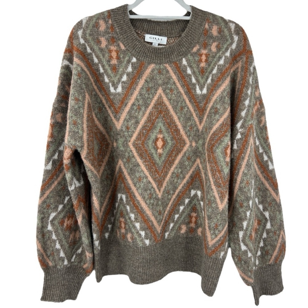 Gilli Geometric Oversized Stretch Knit Sweater - Brown and Orange SZ L